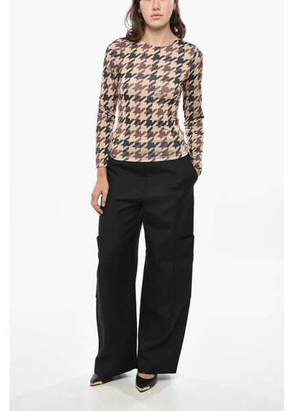 Bluze ROKH Long Sleeved Crew-Neck Top With Houndstooth Motif Brown Femei (BM 19328864) 4