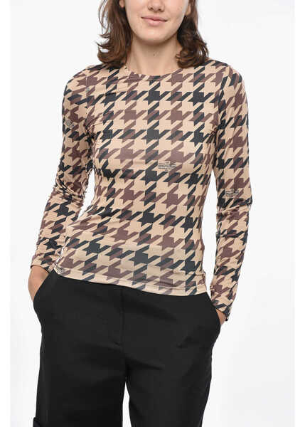 Bluze ROKH Long Sleeved Crew-Neck Top With Houndstooth Motif Brown Femei (BM 19328864) 1