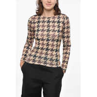 Bluze Long Sleeved Crew-Neck Top With Houndstooth Motif Femei