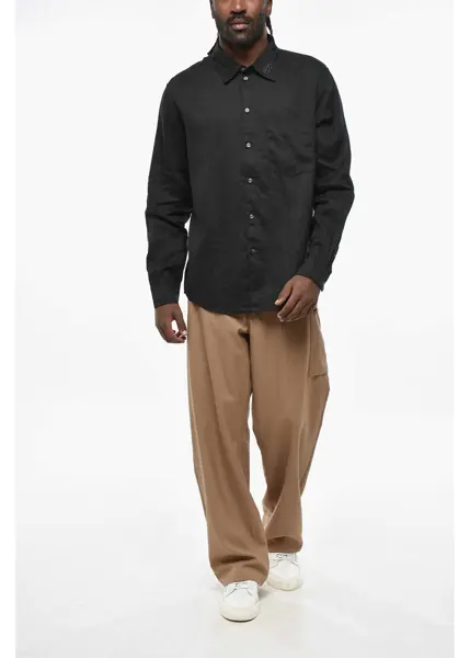 Camasi casual Diesel Solid Color Linen S-Emil Shirt With Breast Pocket Black Barbati (BM 19328984) 4