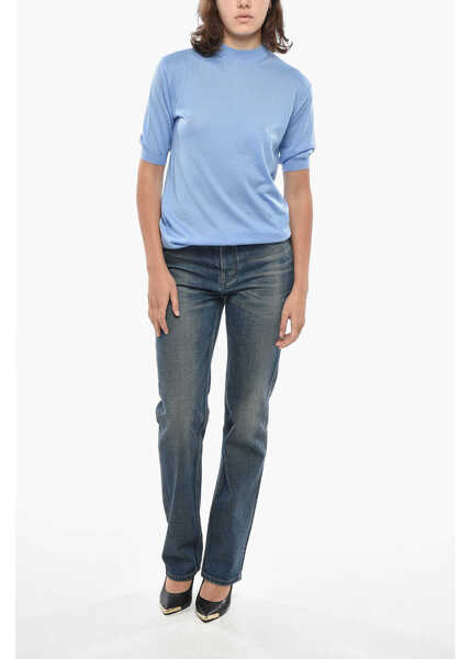 Pulovere Bottega Veneta Short-Sleeved Cashmere Sweater With Crew Neck Light Blue Femei (BM 19329209) 4