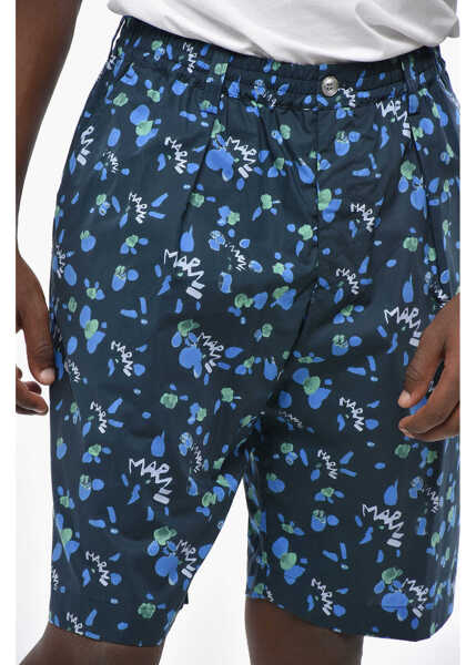 Pantaloni scurti Marni Single-Pleated Poplin Cotton Shorts With All-Over Logo Blue Barbati (BM 19329353) 3