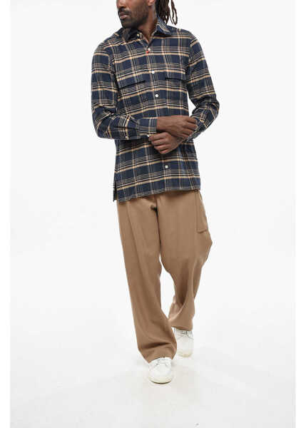 Camasi casual KITON Plaid Motif Cotton Flannel Shirt With Double Pocket Blue Barbati (BM 19329389) 4