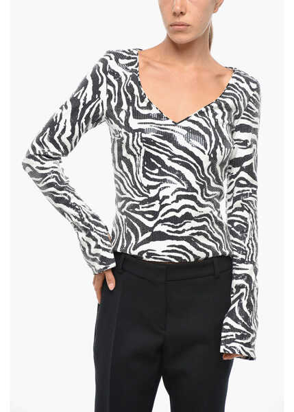 Bluze ROTATE Birger Christensen V Neck Sequined Top With Zebra Motif Black & White Femei (BM 19329398) 1