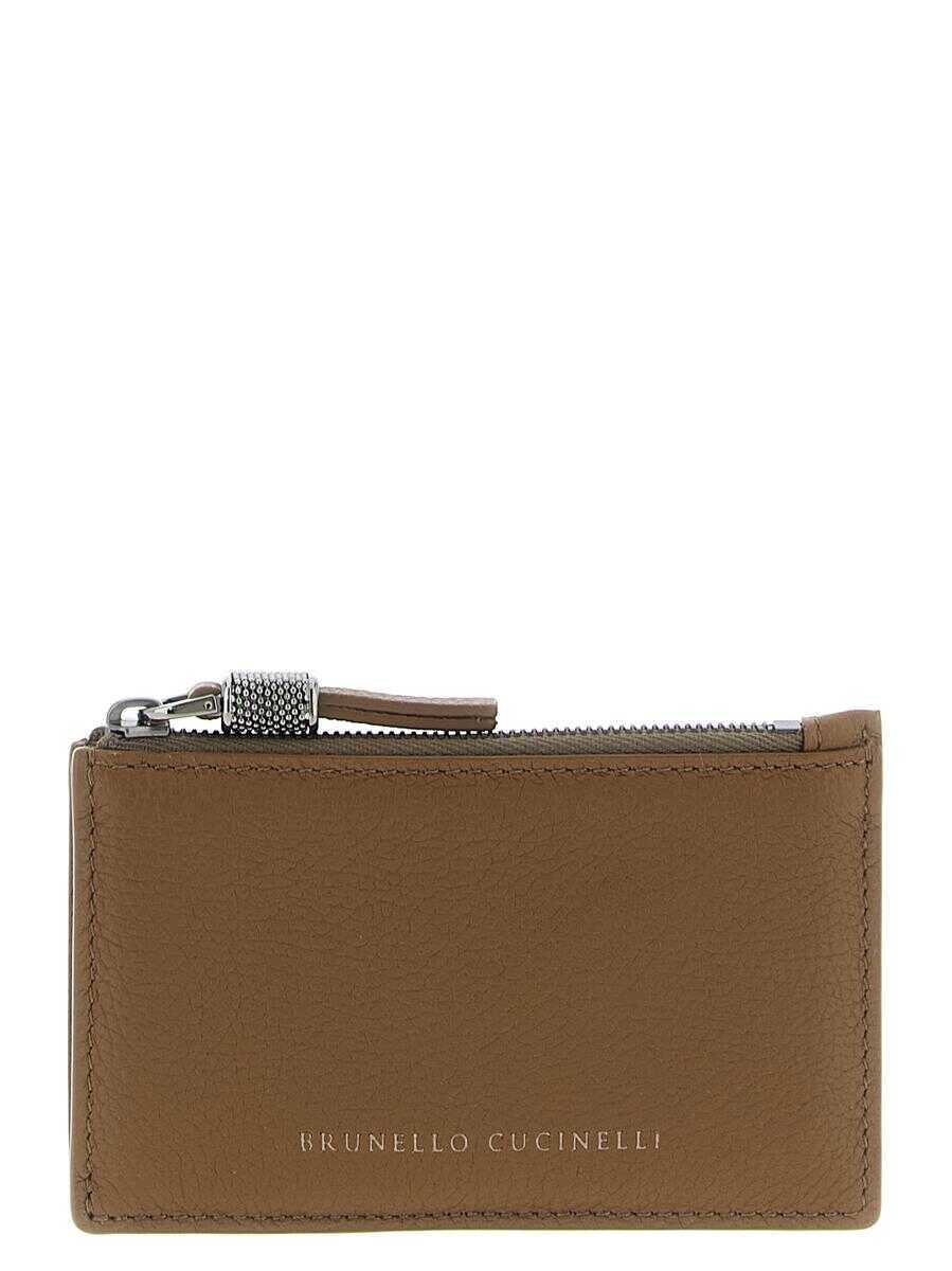 Portofele Brunello Cucinelli Brunello Cucinelli Shiny Zipper Pull Card Holder BROWN Femei (BM 19332810) 1