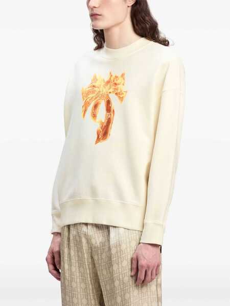 Bluze de trening Palm Angels Brushed Cotton Burning Palm Crew-Neck Sweatshirt White Barbati (BM 19336340) 4