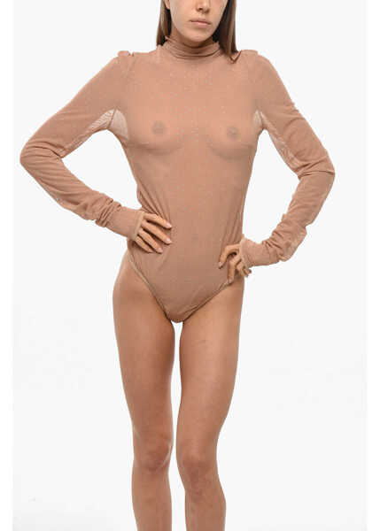 Body-uri NENSI DOJAKA Turtleneck Mesh Bodysuit With Cut-Outs Pink Femei (BM 19349495) 1