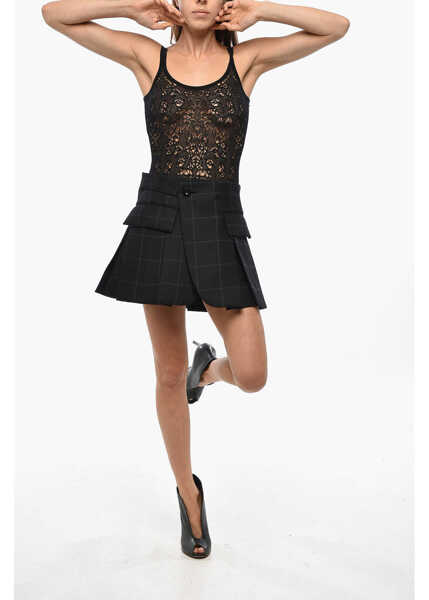 Fuste scurte Sacai Windowpane Patterned Wool Blend Pleated Miniskirt Black Femei (BM 19350080) 4