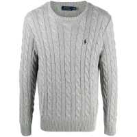 Pulovere Grey Crewneck Sweater With Pony Embroidery On The Front And Woven Knit In Cotton Man Barbati