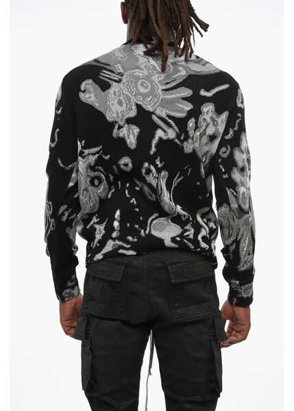 Pulovere Alexander McQueen Crew-Neck Sweater In Metallic Fabric With Jacquard Skull Mot Black & White Barbati (BM 19355738) 2