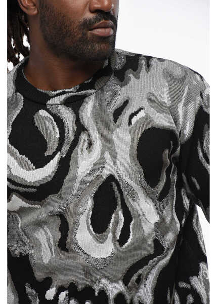 Pulovere Alexander McQueen Crew-Neck Sweater In Metallic Fabric With Jacquard Skull Mot Black & White Barbati (BM 19355738) 3