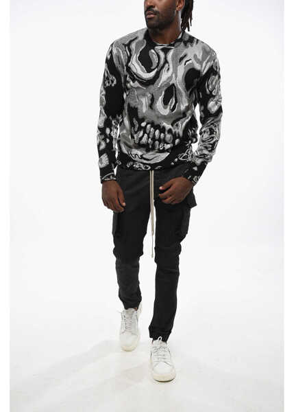 Pulovere Alexander McQueen Crew-Neck Sweater In Metallic Fabric With Jacquard Skull Mot Black & White Barbati (BM 19355738) 4