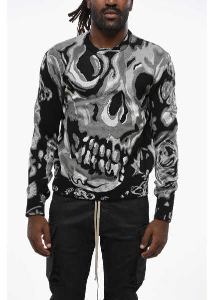 Pulovere Alexander McQueen Crew-Neck Sweater In Metallic Fabric With Jacquard Skull Mot Black & White Barbati (BM 19355738) 1