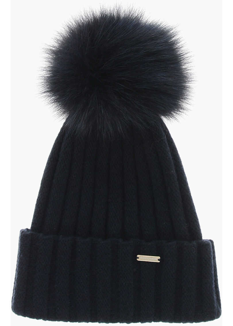 Caciuli Woolrich Cashmere Blend Beanie With Fur Pompom Blue Femei (BM 19370915) 1