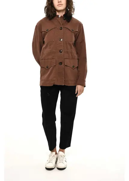 Jachete Woolrich Cotton Twill Utility Overshirt With Velvet Neck Brown Femei (BM 19376900) 4
