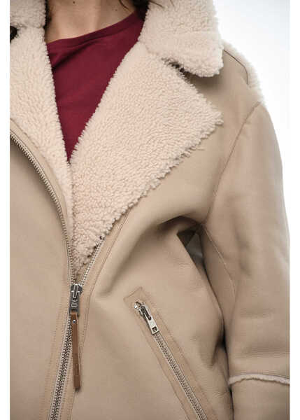 Geci biker Woolrich Leather Harmony Biker Jacket With Sherpa Details Beige Femei (BM 19376915) 3