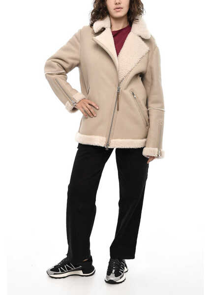 Geci biker Woolrich Leather Harmony Biker Jacket With Sherpa Details Beige Femei (BM 19376915) 4