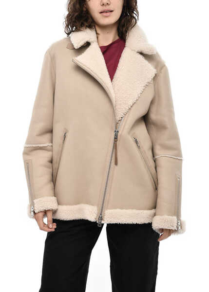 Geci biker Woolrich Leather Harmony Biker Jacket With Sherpa Details Beige Femei (BM 19376915) 1