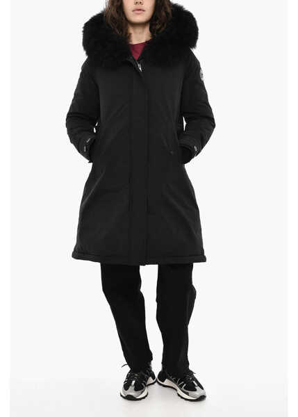 Geci de iarna Woolrich Solid Color Keystone Down Jacket With Fur On Hood Black Femei (BM 19377107) 4