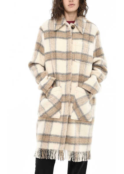 Paltoane Woolrich Wool Blend Check Long Coat With Fringes Beige Femei (BM 19377359) 1