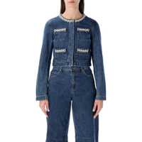 Geci Self-Portrait Cropped Denim Jacket With Crystal Chain Trims Femei