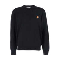 Pulovere Black Crew Neck Sweater With Fox Patch On The Front In Wool Man Barbati