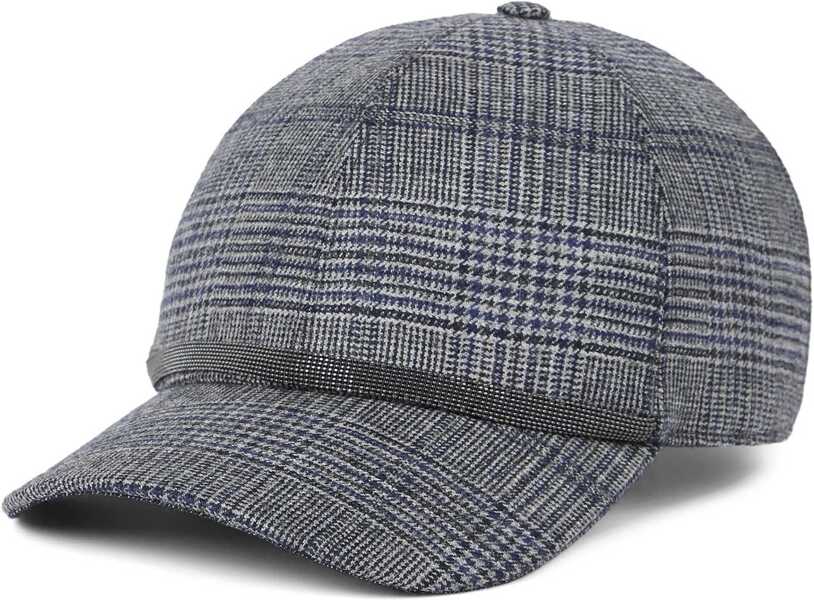 Sepci Brunello Cucinelli Prince of Wales Fabric Baseball Hat with Shiny Band BLU/GRIGIO Femei (BM 19409084) 1