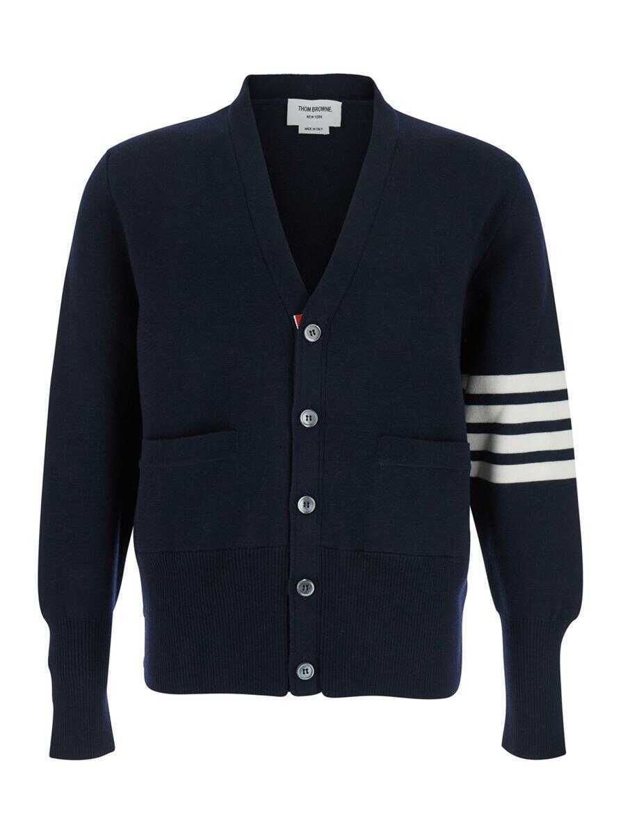 Cardigane Thom Browne Blue Cardigan With V Neck And Striped Detail On The Sleeve In Wool Man BLUE Barbati (BM 19412394) 1
