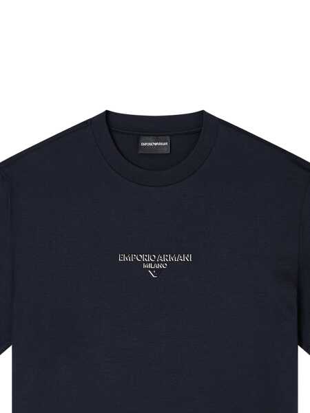 Tricouri Emporio Armani Blue Crewneck T-Shirt With Logo Lettering On The Front In Cotton Blend Man BLUE Barbati (BM 19429899) 2