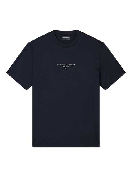 Tricouri Emporio Armani Blue Crewneck T-Shirt With Logo Lettering On The Front In Cotton Blend Man BLUE Barbati (BM 19429899) 1