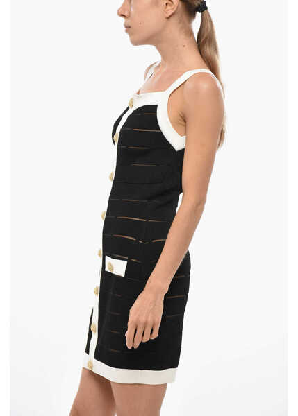 Rochii scurte Balmain Front Buttoned Knitted Sheath Dress With Contrasting Details Black Femei (BM 19433012) 2