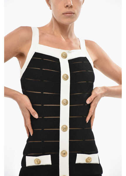 Rochii scurte Balmain Front Buttoned Knitted Sheath Dress With Contrasting Details Black Femei (BM 19433012) 4