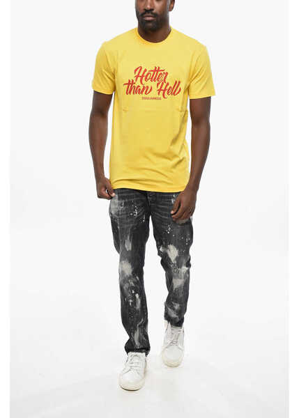 Tricouri DSQUARED2 Crew Neck Hotter Than Hell T-Shirt With Print Yellow Barbati (BM 19433087) 4