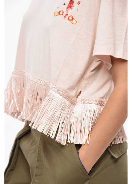 Tricouri ALANUI Cashemere And Cotton Hawaiian Crew-Neck T-Shirt With Fringes Pink Femei (BM 19436324) 3