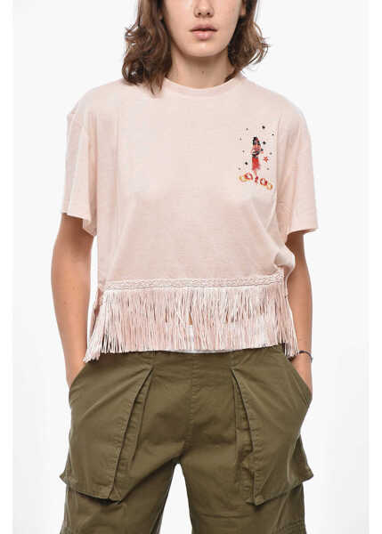 Tricouri ALANUI Cashemere And Cotton Hawaiian Crew-Neck T-Shirt With Fringes Pink Femei (BM 19436324) 1