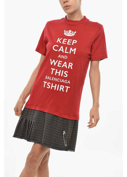 Rochii scurte Balenciaga Checked Accordion Skirt Keep Calm Tee Dress Red Femei (BM 19436351) 4