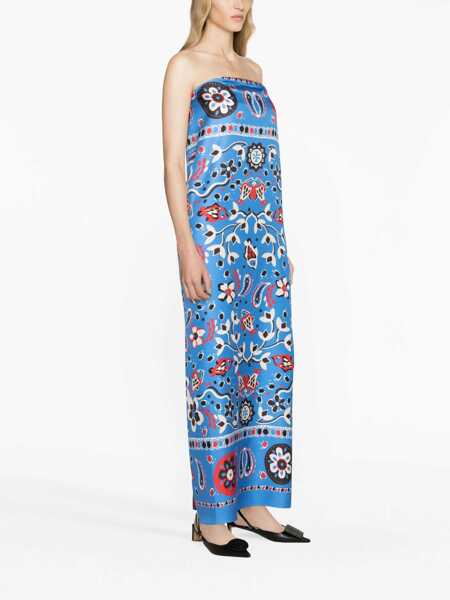 Rochii lungi Tory Burch Floral Patterned Silk Strapless Dress Light Blue Femei (BM 19436465) 4