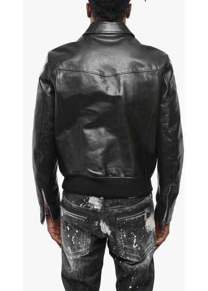 Geci de piele DSQUARED2 Solid Color Leather Jacket Black Barbati (BM 19436501) 2