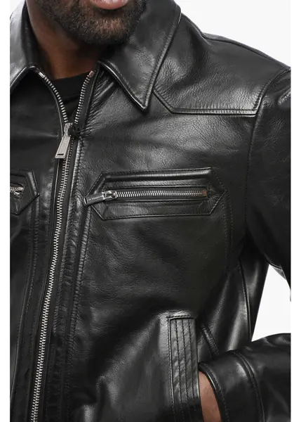 Geci de piele DSQUARED2 Solid Color Leather Jacket Black Barbati (BM 19436501) 3