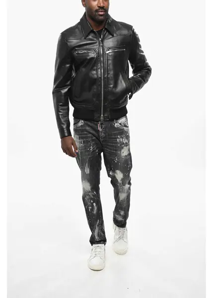 Geci de piele DSQUARED2 Solid Color Leather Jacket Black Barbati (BM 19436501) 4