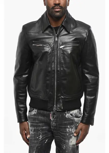 Geci de piele DSQUARED2 Solid Color Leather Jacket Black Barbati (BM 19436501) 1