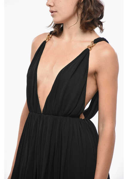 Rochii lungi Saint Laurent Long Dress With Deep V-Neck And Shoulder Straps Embellished Black Femei (BM 19436510) 3