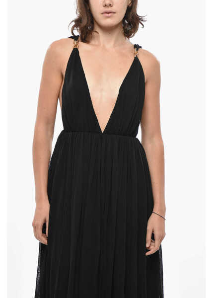 Rochii lungi Saint Laurent Long Dress With Deep V-Neck And Shoulder Straps Embellished Black Femei (BM 19436510) 4