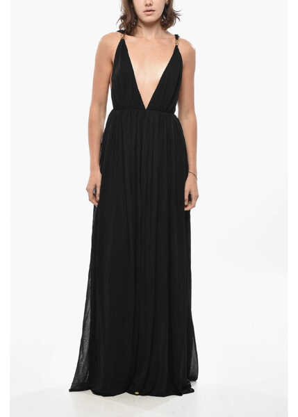 Rochii lungi Saint Laurent Long Dress With Deep V-Neck And Shoulder Straps Embellished Black Femei (BM 19436510) 1