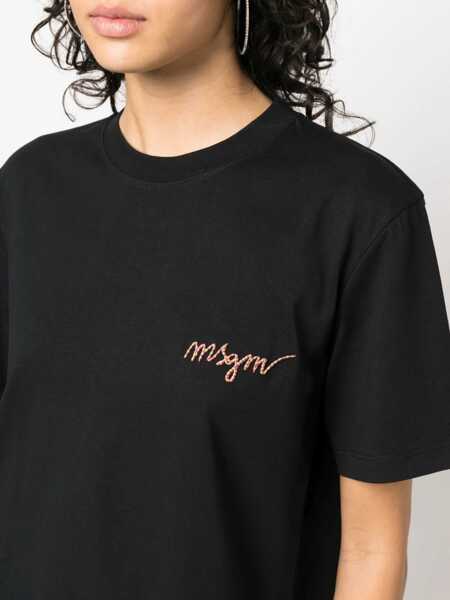 Tricouri MSGM Cotton Crew-Neck T-Shirt With Side Embroidery Logo Black Femei (BM 19436546) 5