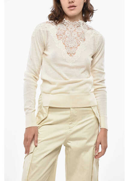 Pulovere Ermanno Scervino Crew Neck Cashmere Blend Sweater With Lace Inserts White Femei (BM 19436558) 1