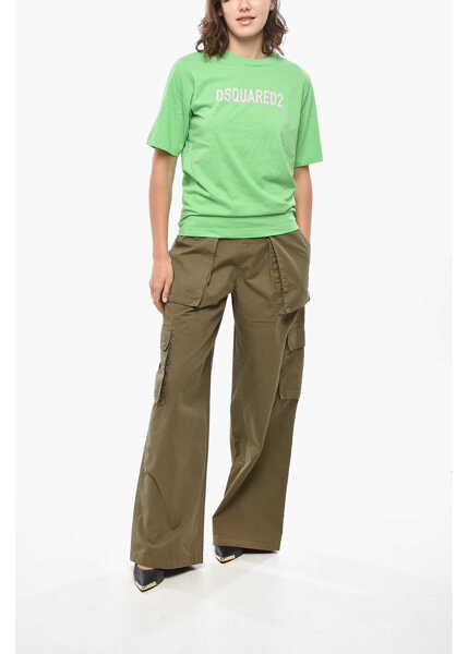 Tricouri DSQUARED2 Solid Color Easy Fit Crew-Neck T-Shirt With Contrasting Logo Green Femei (BM 19436588) 4