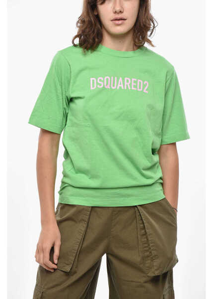 Tricouri DSQUARED2 Solid Color Easy Fit Crew-Neck T-Shirt With Contrasting Logo Green Femei (BM 19436588) 1