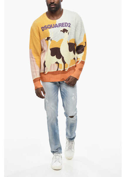 Pulovere DSQUARED2 Virgin Wool Crew-Neck Sweater With Llama Print Yellow Barbati (BM 19436597) 4