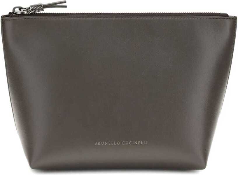Genti de mana Brunello Cucinelli Leather Pouch with Shiny Zipper Pull TESTA MORO Femei (BM 19452434) 1
